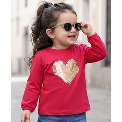 Babyhug 100 % Cotton Knit Full Sleeves Top with Sequined Heart - Red