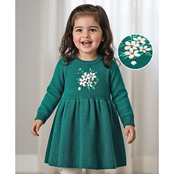 Babyhug Woollen Knit Full Sleeves A-Line  Dress with Floral Embroidery - Teal Blue
