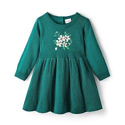 Babyhug Woollen Knit Full Sleeves A-Line  Dress with Floral Embroidery - Teal Blue
