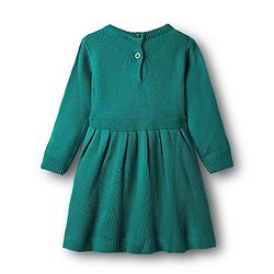 Babyhug Woollen Knit Full Sleeves A-Line  Dress with Floral Embroidery - Teal Blue