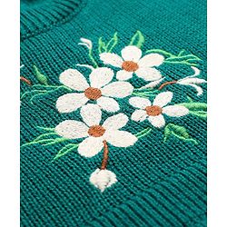 Babyhug Woollen Knit Full Sleeves A-Line  Dress with Floral Embroidery - Teal Blue