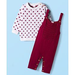 Babyhug Sweater Knit Winter Wear Dungaree Style Romper & Full Sleeves Inner Tee With Polka Dot Design - White & Wine
