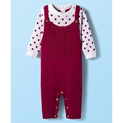 Babyhug Sweater Knit Winter Wear Dungaree Style Romper & Full Sleeves Inner Tee With Polka Dot Design - White & Wine
