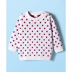Babyhug Sweater Knit Winter Wear Dungaree Style Romper & Full Sleeves Inner Tee With Polka Dot Design - White & Wine