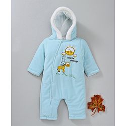 Babyhug Hooded Winter Wear Romper Giraffe Embroidered  - Aqua Blue