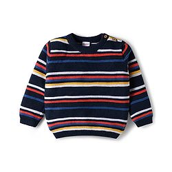 Babyhug Cotton Knitted Full Sleeves Striped Sweater Set With Cap - Navy Blue