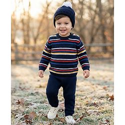 Babyhug Cotton Knitted Full Sleeves Striped Sweater Set With Cap - Navy Blue