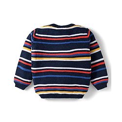 Babyhug Cotton Knitted Full Sleeves Striped Sweater Set With Cap - Navy Blue