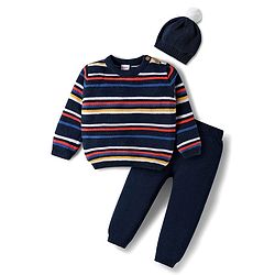 Babyhug Cotton Knitted Full Sleeves Striped Sweater Set With Cap - Navy Blue