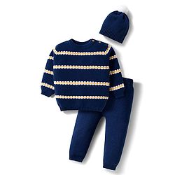 Babyhug Cotton Knitted Full Sleeves Striped Sweater Set With Cap - Navy Blue & Yellow