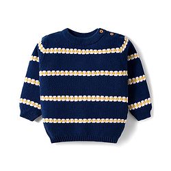 Babyhug Cotton Knitted Full Sleeves Striped Sweater Set With Cap - Navy Blue & Yellow