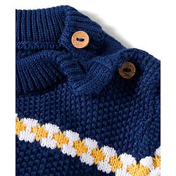 Babyhug Cotton Knitted Full Sleeves Striped Sweater Set With Cap - Navy Blue & Yellow