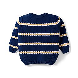 Babyhug Cotton Knitted Full Sleeves Striped Sweater Set With Cap - Navy Blue & Yellow