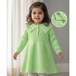 Babyhug Knitted Full Sleeves Woollen Dress With Floral Embroidery - Lime Green
