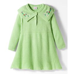 Babyhug Knitted Full Sleeves Woollen Dress With Floral Embroidery - Lime Green
