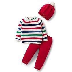 Babyhug Cotton Knit Full Raglan Sleeves Striped Sweater Set with Cap - Red