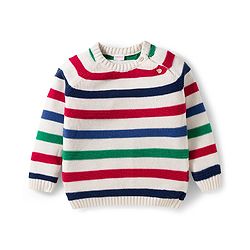 Babyhug Cotton Knit Full Raglan Sleeves Striped Sweater Set with Cap - Red