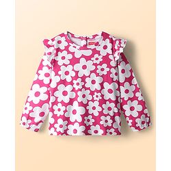 Babyhug 100% Cotton Knit Full Sleeves Top with Floral Print & Frill Detailing - Pink