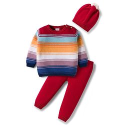 Babyhug Cotton Knit Full Sleeves Sweater Set with Cap  & Stripes - Red
