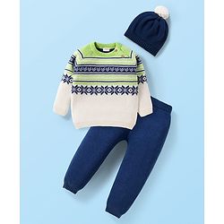 Babyhug Cotton Knit Full Raglan Sleeves Sweater Set with Fair Isle Design & Cap - Blue White & Green