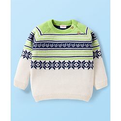 Babyhug Cotton Knit Full Raglan Sleeves Sweater Set with Fair Isle Design & Cap - Blue White & Green