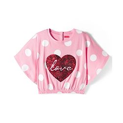 Babyhug 100 % Cotton Knit Half Sleeves Top with Polka Dot & Sequined Heart - Pink