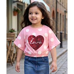 Babyhug 100 % Cotton Knit Half Sleeves Top with Polka Dot & Sequined Heart - Pink