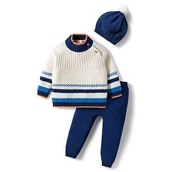 Babyhug Cotton Knitted Full Raglan Sleeves Solid Sweater Set With Cap - Navy Blue & White