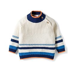 Babyhug Cotton Knitted Full Raglan Sleeves Solid Sweater Set With Cap - Navy Blue & White