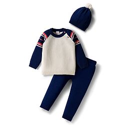 Babyhug Cotton Knit Full Raglan Sleeves Sweater Set with Fair Isle Design & Cap - Navy Blue
