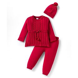 Babyhug Cotton Knit Full Sleeves Pullover Sweater Set with Cap & Cable Knit Design - Red