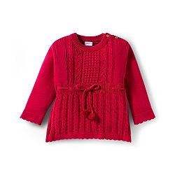 Babyhug Cotton Knit Full Sleeves Pullover Sweater Set with Cap & Cable Knit Design - Red