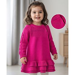 Babyhug Knit Full Raglan Sleeves A-Line Woollen Dress with Cable Knit Design - Dark Pink