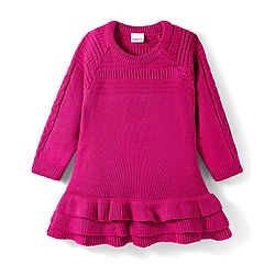 Babyhug Knit Full Raglan Sleeves A-Line Woollen Dress with Cable Knit Design - Dark Pink
