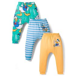 Babyhug Disney Interlock Knit Full Length Diaper Leggings With Donald Duck Graphics Pack Of 3 - Light Blue Sea Green & Yellow