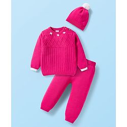 Babyhug Cotton Knit Full Sleeves Sweater Set with Bow Applique & Cap - Dark Pink
