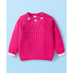 Babyhug Cotton Knit Full Sleeves Sweater Set with Bow Applique & Cap - Dark Pink