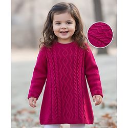 Babyhug Knitted Full Sleeves Woollen Dress With Cable Knit Design - Dark Pink