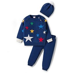 Babyhug Cotton Knit Full Sleeves Sweater Set with Cap  & Star Design - Navy Blue