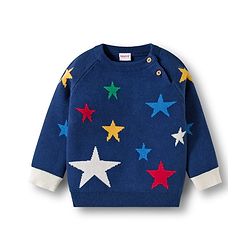 Babyhug Cotton Knit Full Sleeves Sweater Set with Cap  & Star Design - Navy Blue