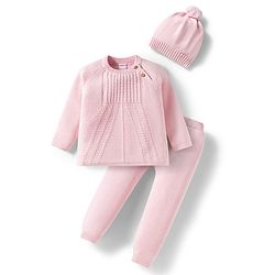 Babyhug Cotton Knit Full Sleeves Pullover Sweater Set with Cap & Cable Knit Design - Pink