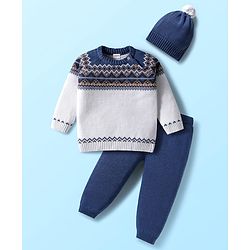 Babyhug Knit Full Raglan Sleeves Pullover Sweater Set with Cap & Aztec Design - Navy Blue