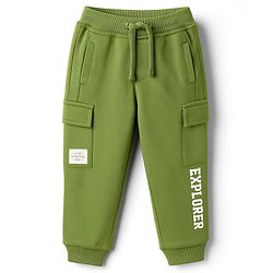 Babyhug French Terry Knit  Full Length Track Pant with Pockets & Explore Text Print - Green