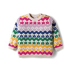 Babyhug Cotton Knitted Full Sleeves Sweater Set With Floral Design & Cap - Pink & White
