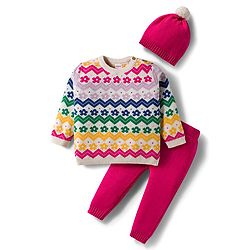 Babyhug Cotton Knitted Full Sleeves Sweater Set With Floral Design & Cap - Pink & White
