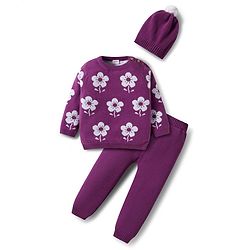 Babyhug Cotton Knit Full Sleeves Sweater Set with Cap & Floral Design - Purple