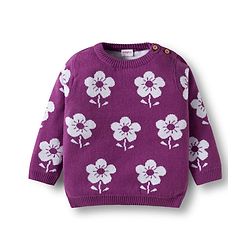 Babyhug Cotton Knit Full Sleeves Sweater Set with Cap & Floral Design - Purple