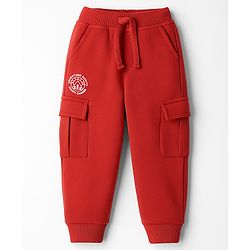 Babyhug French Terry Knit Full Length Lounge Pant With Text Print - Red