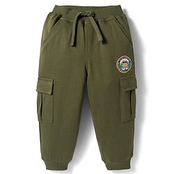 Babyhug French Terry Knit Full Length Lounge Pant with Patch - Olive Green