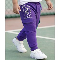Babyhug French Terry Knit Full Length Lounge Pant With Text Patch - Purple